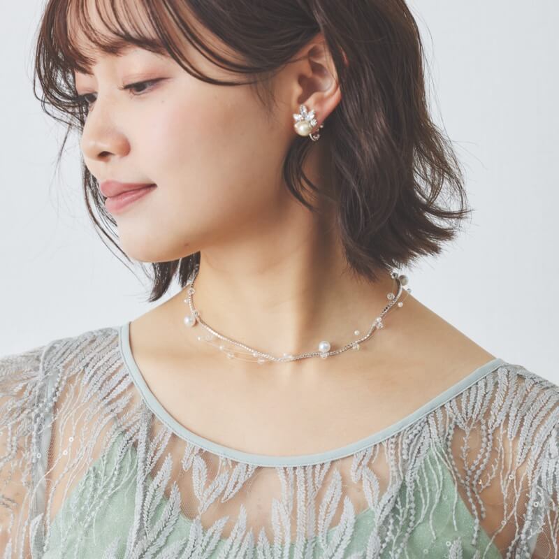 ワイヤーパールとシルバービジュネックレス