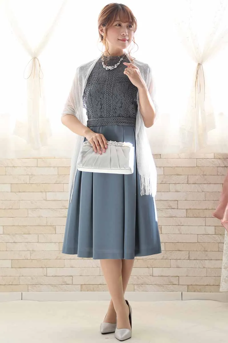 ブルーグレーのスタンドカラーレースドレスコーディネートセット