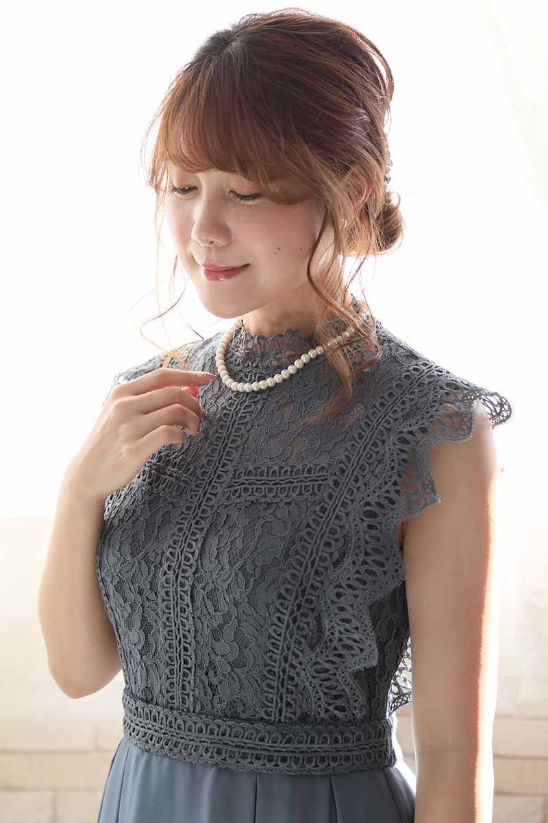 ブルーグレーのスタンドカラーレースドレスコーディネートセット