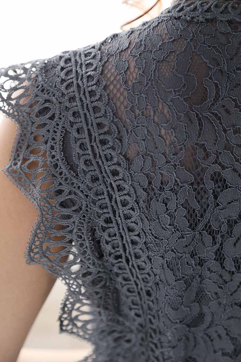 ブルーグレーのスタンドカラーレースドレスコーディネートセット