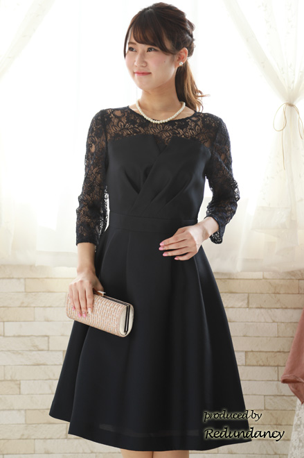 ネイビーのビスチェ風七分袖レースドレス