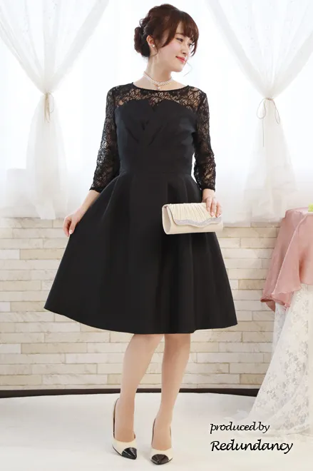ブラックのビスチェ風七分袖レースドレス
