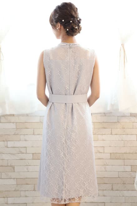 ライトグレーのハイネック総レースドレスコーディネートセット