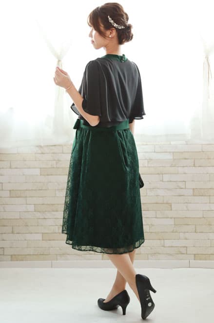 ダークグリーンのハイネック総レースドレスコーディネートセット