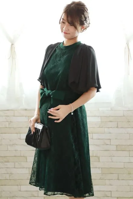 ダークグリーンのハイネック総レースドレスコーディネートセット