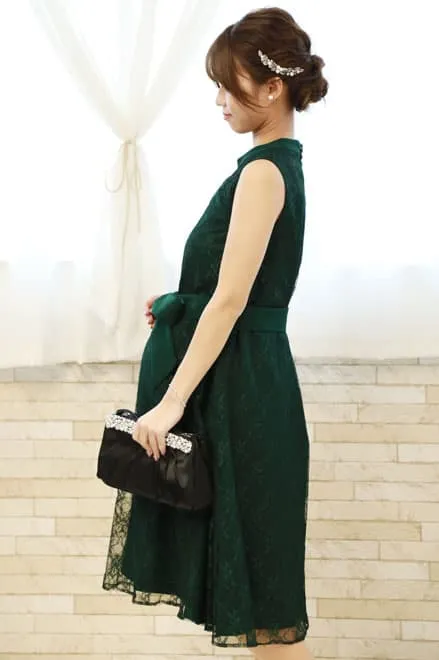 ダークグリーンのハイネック総レースドレスコーディネートセット