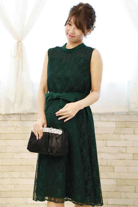 ダークグリーンのハイネック総レースドレスコーディネートセット