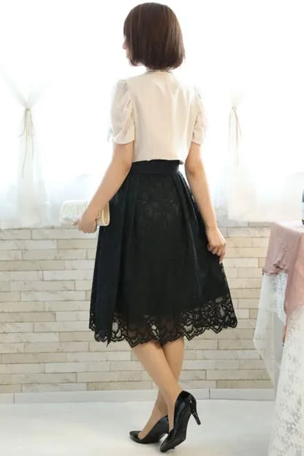 ブラックのウエスト切替え花柄レースドレスコーディネートセット