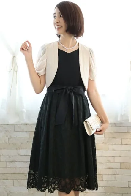 ブラックのウエスト切替え花柄レースドレスコーディネートセット