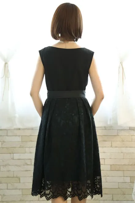 ブラックのウエスト切替え花柄レースドレスコーディネートセット