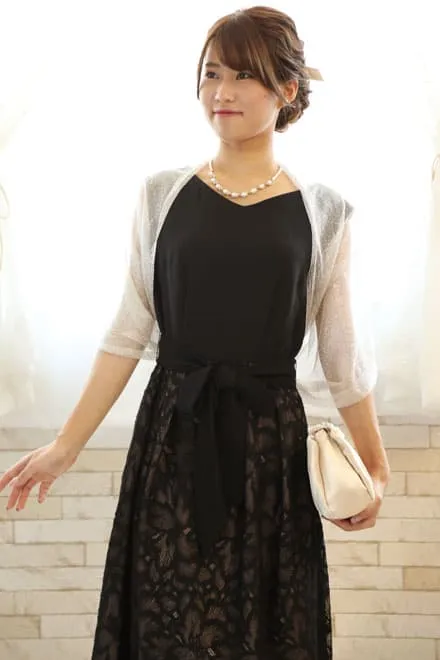 ブラックのウエスト切替え花柄レースドレスコーディネートセット