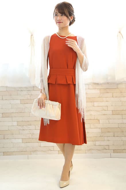 オレンジのペプラムウエストリボン付きドレスコーディネートセット