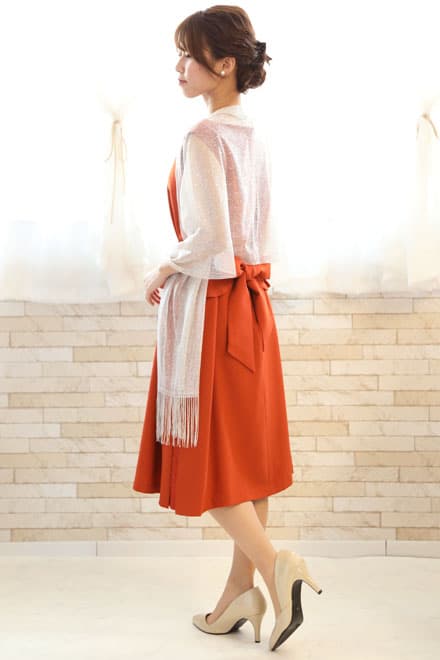 オレンジのペプラムウエストリボン付きドレスコーディネートセット