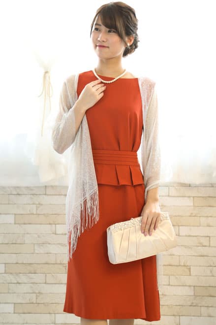 オレンジのペプラムウエストリボン付きドレスコーディネートセット