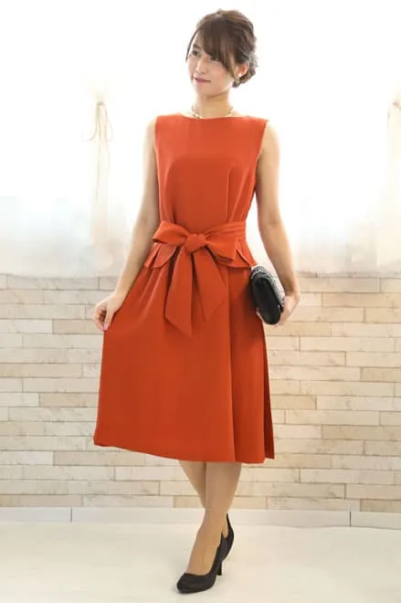 オレンジのペプラムウエストリボン付きドレスコーディネートセット