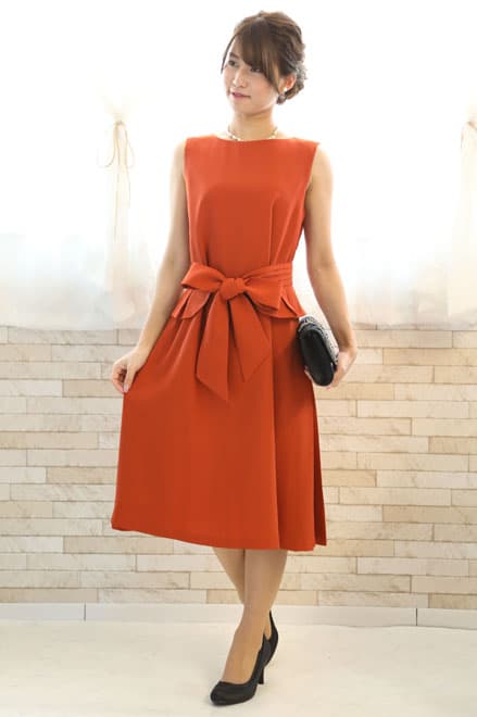 オレンジのペプラムウエストリボン付きドレスコーディネートセット