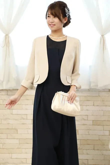 ネイビーのビスチェ風ガウチョパンツドレスコーディネートセット