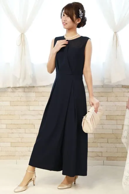 ネイビーのビスチェ風ガウチョパンツドレスコーディネートセット