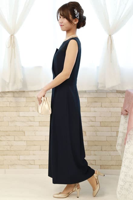 ネイビーのビスチェ風ガウチョパンツドレスコーディネートセット