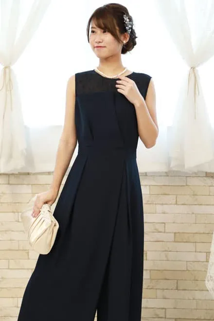 ネイビーのビスチェ風ガウチョパンツドレスコーディネートセット