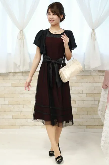 ワインレッド×ブラックのドット柄チュールドレスコーディネートセット