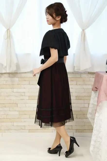 ワインレッド×ブラックのドット柄チュールドレスコーディネートセット