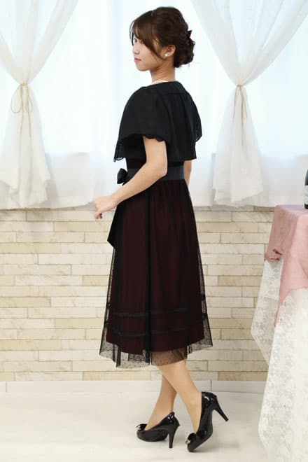 ワインレッド×ブラックのドット柄チュールドレスコーディネートセット