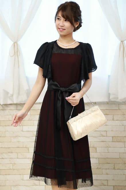 ワインレッド×ブラックのドット柄チュールドレスコーディネートセット