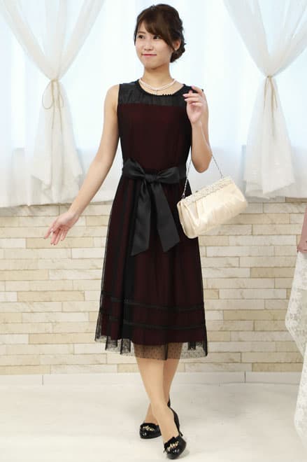 ワインレッド×ブラックのドット柄チュールドレスコーディネートセット