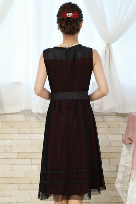 ワインレッド×ブラックのドット柄チュールドレスコーディネートセット