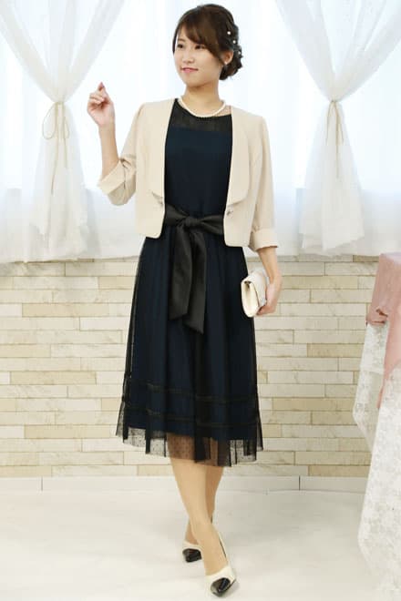 ブルーグリーン×ブラックのドット柄チュールドレスコーディネートセット