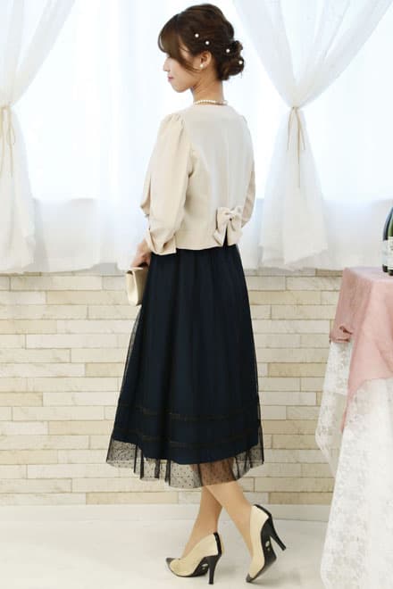 ブルーグリーン×ブラックのドット柄チュールドレスコーディネートセット