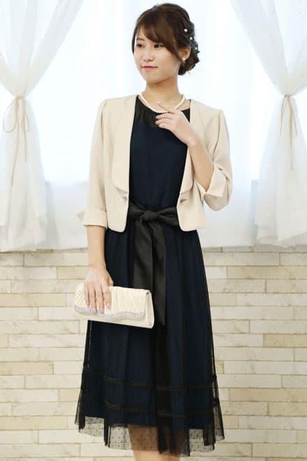 ブルーグリーン×ブラックのドット柄チュールドレスコーディネートセット