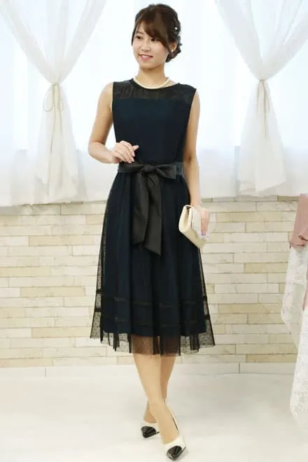 ブルーグリーン×ブラックのドット柄チュールドレスコーディネートセット