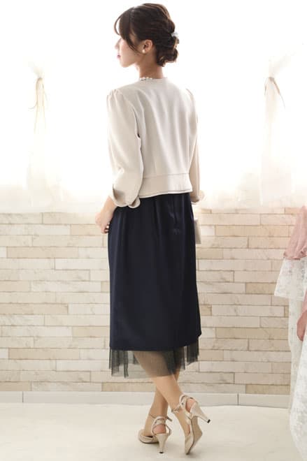 ネイビーのチュール切替Iラインドレスコーディネートセット