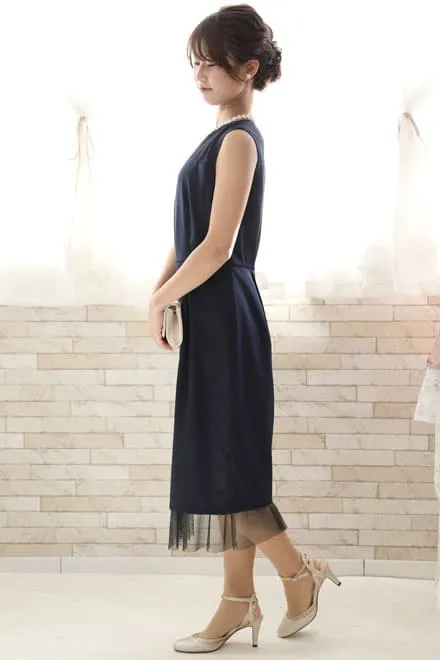 ネイビーのチュール切替Iラインドレスコーディネートセット