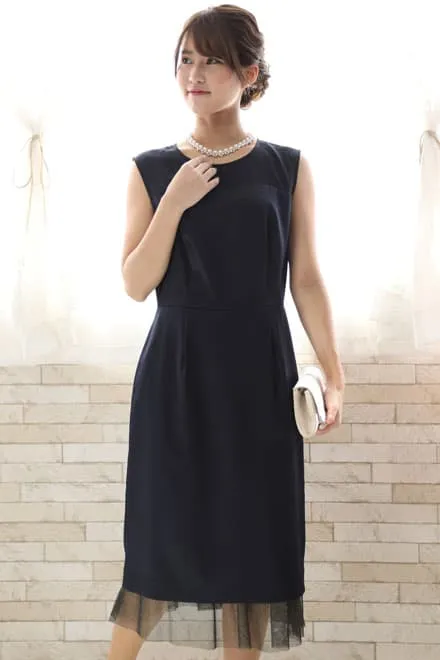 ネイビーのチュール切替Iラインドレスコーディネートセット