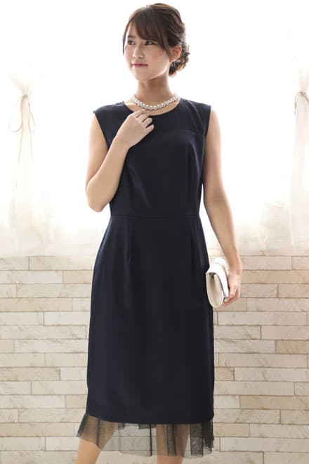 ネイビーのチュール切替Iラインドレスコーディネートセット