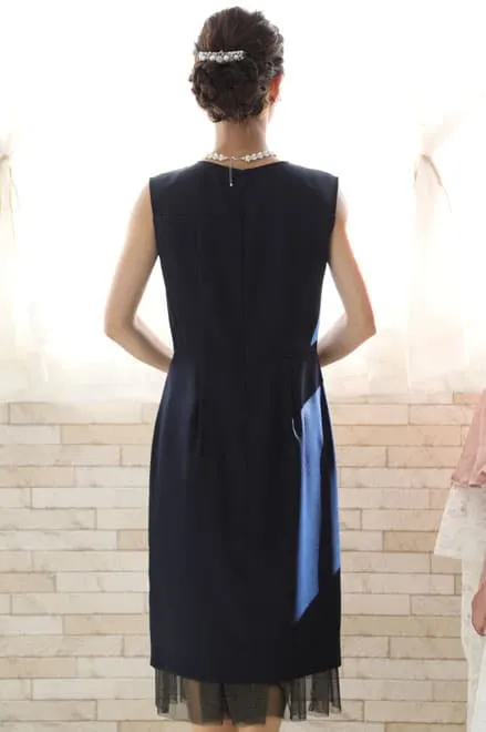 ネイビーのチュール切替Iラインドレスコーディネートセット