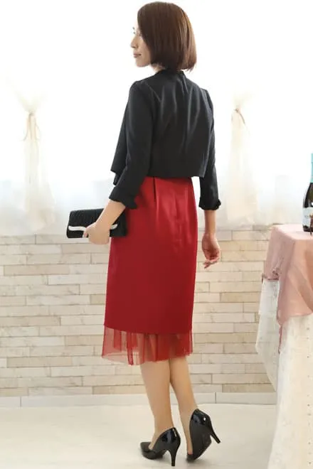 レッドのチュール切替Iラインドレスコーディネートセット