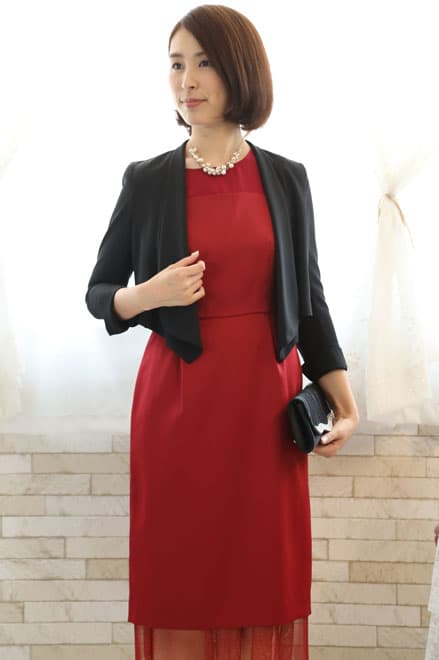 レッドのチュール切替Iラインドレスコーディネートセット