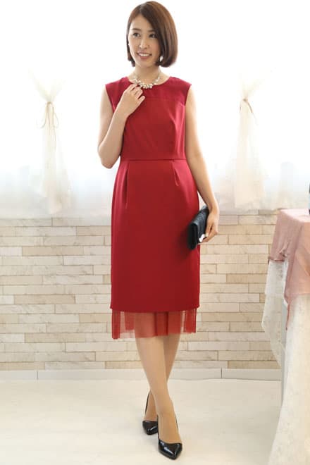 レッドのチュール切替Iラインドレスコーディネートセット