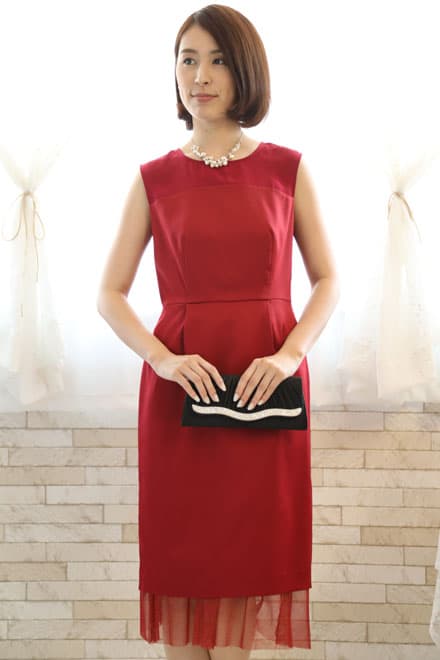 レッドのチュール切替Iラインドレスコーディネートセット