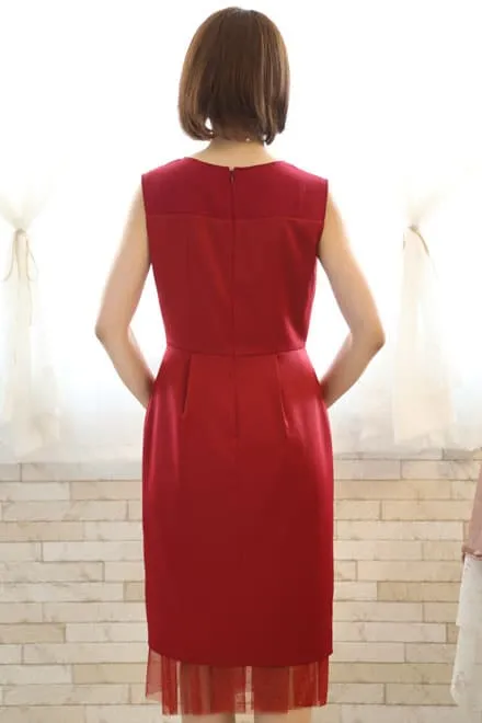 レッドのチュール切替Iラインドレスコーディネートセット