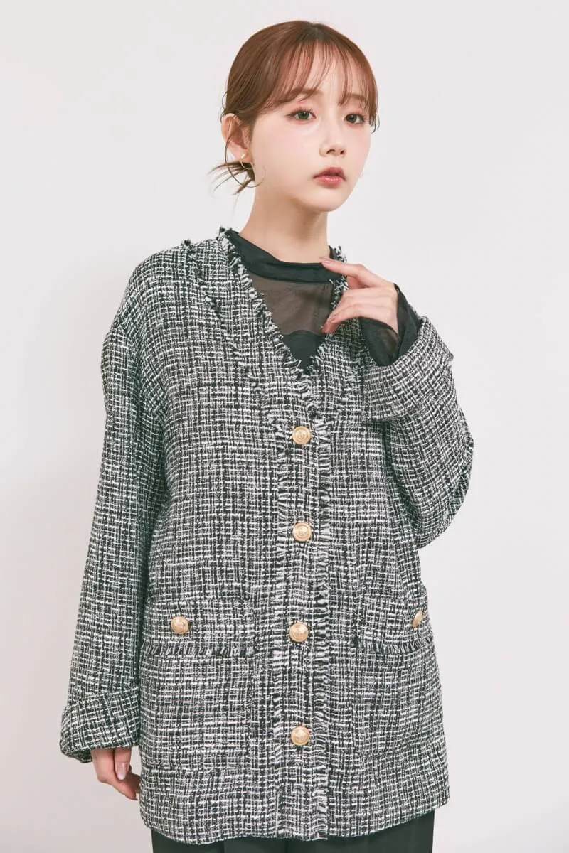 ブラックのVネックツイードジャケット